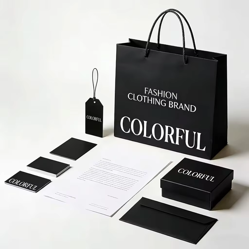 Luxury Custom Clothing Branding Set Premium Matte Black Paper Shopping Bag Apparel Gift Box Personalized Hang Tag Suite
