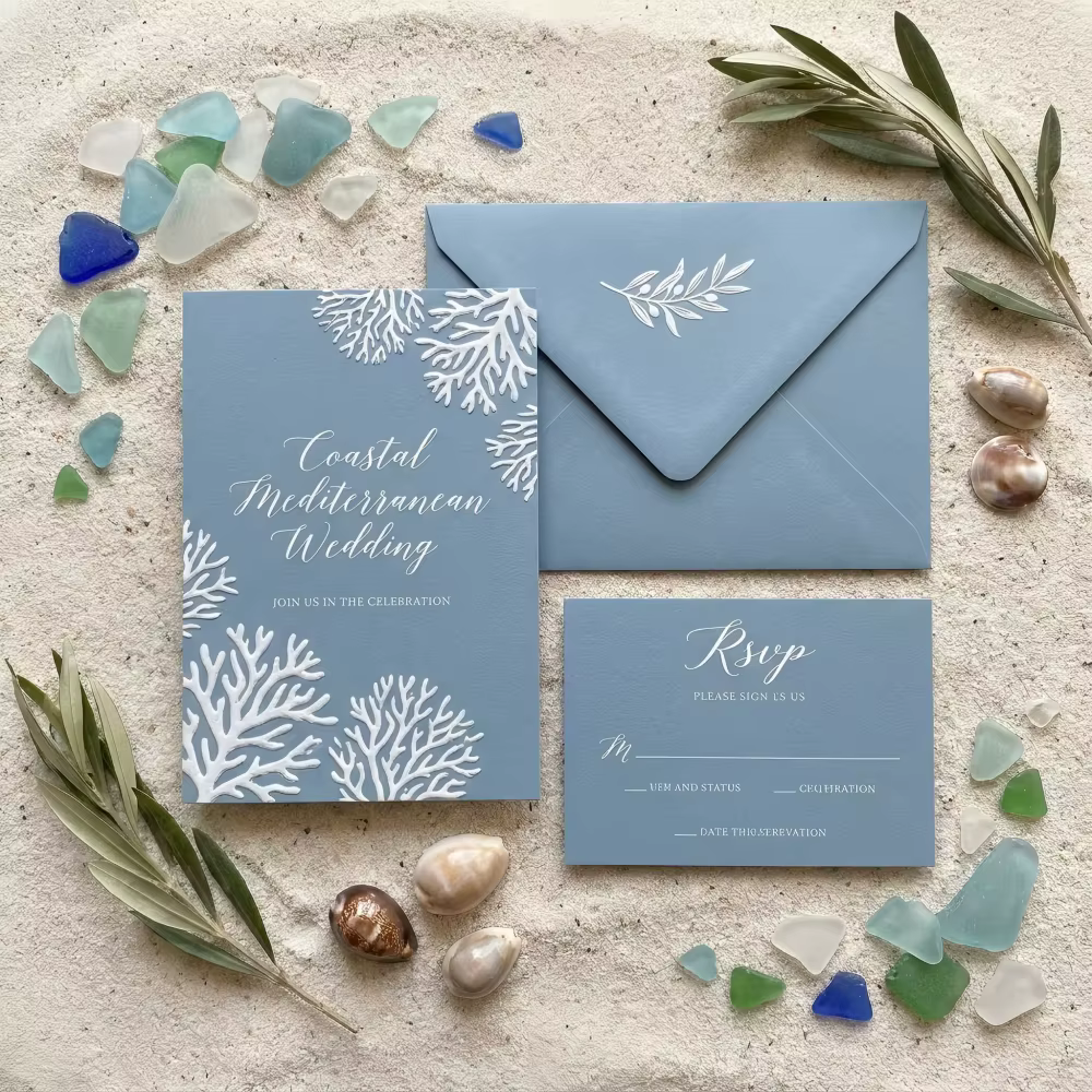 3D Embossed Wedding Invitation Suite Coastal Mediterranean Stationery Luxury Coral Relief Card Set for Beach Marriage Event50pcs