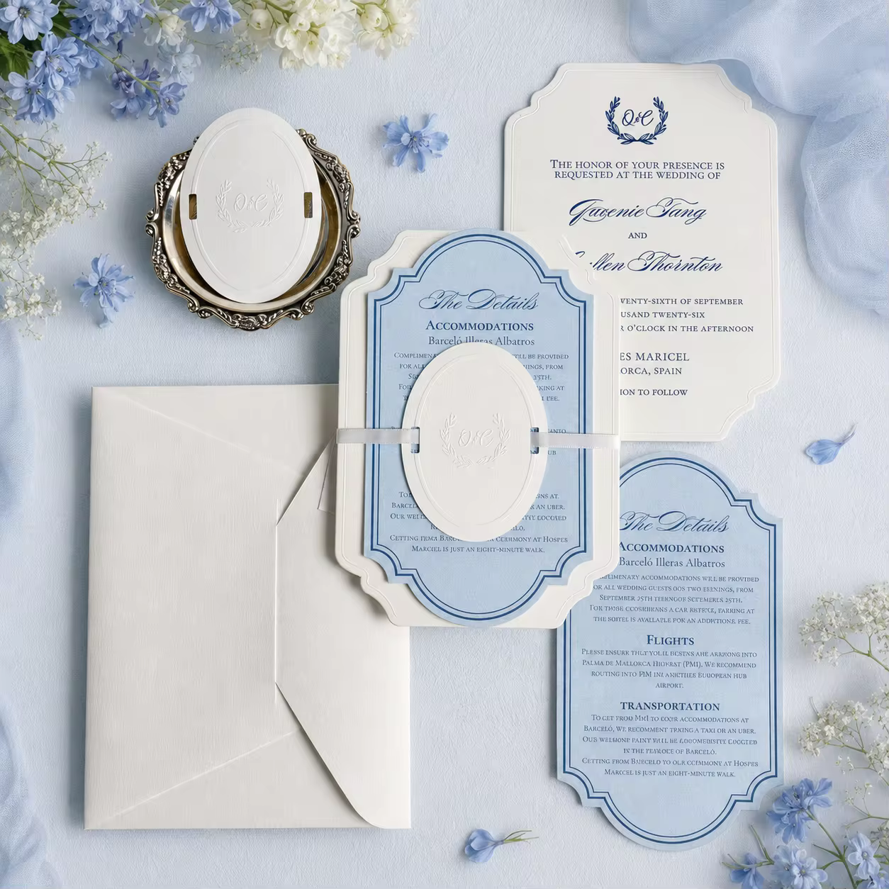 Luxury Dusty Blue Wedding Invitation 600gsm Cotton Cardboard Blind Embossed Custom Shape Letterpress Elegant Marriage Card Suite