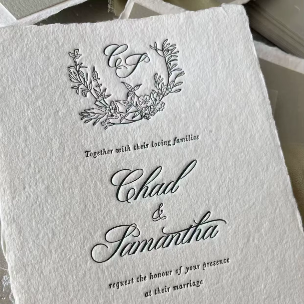 High End Wedding Invitations Greeting Card Deckle Edge Recycled Paper Premium Cardstock Letterpress Printed
