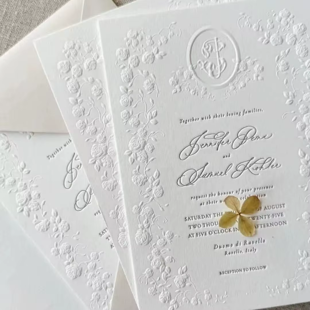 Luxury Classic Embossed Customized Wedding Invitation Cards with Letterpress Printing for Elegant Weddings