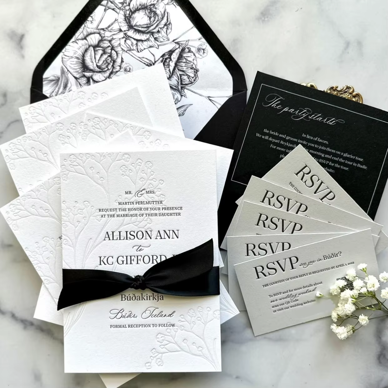 Luxury Classic Black White Wedding Invitation Suite Cardstock Black Envelope Satin Ribbon Embossed Floral Custom Printing