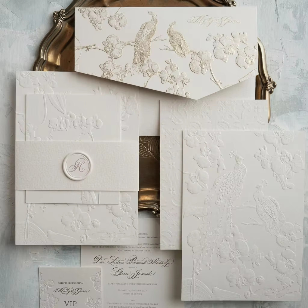 Luxury White Ivory Peacock Orchid Embossed Textured Cotton Paper Wedding Invitation Suite Wax Seal Belly Band Custom Printing