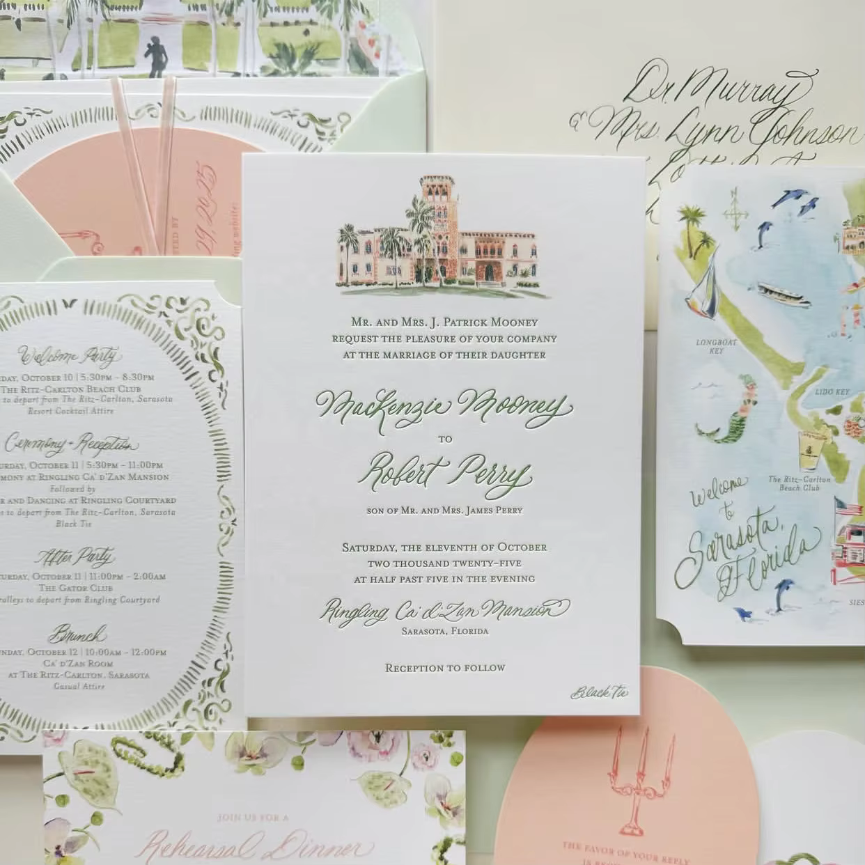 Luxury Sage Green Peach Floral Watercolor Textured Cotton Paper Wedding Invitation Suite Map Cards Custom Illustrated Printing
