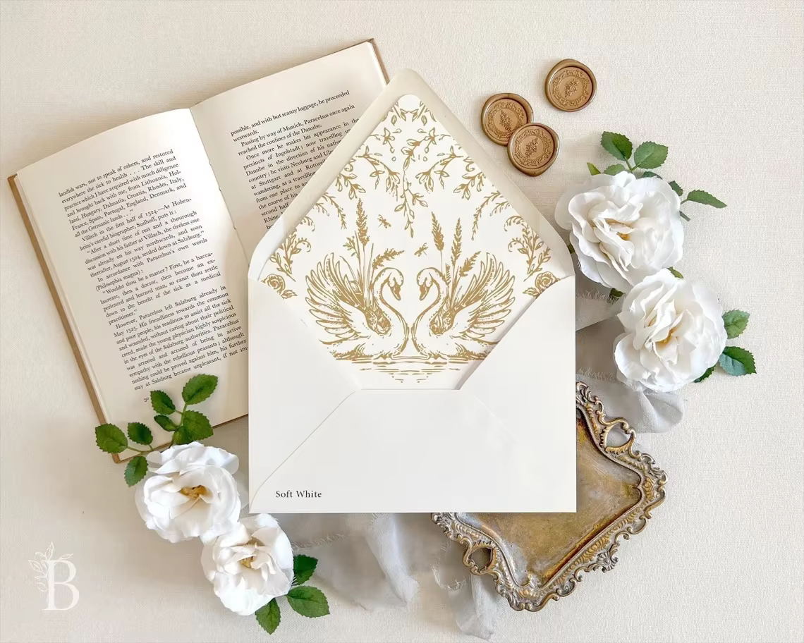 Luxury Soft White Wedding Invitation Envelope Gold Foil Swan Dragonfly Botanical Watercolor Liner Wax Seal Custom Printing