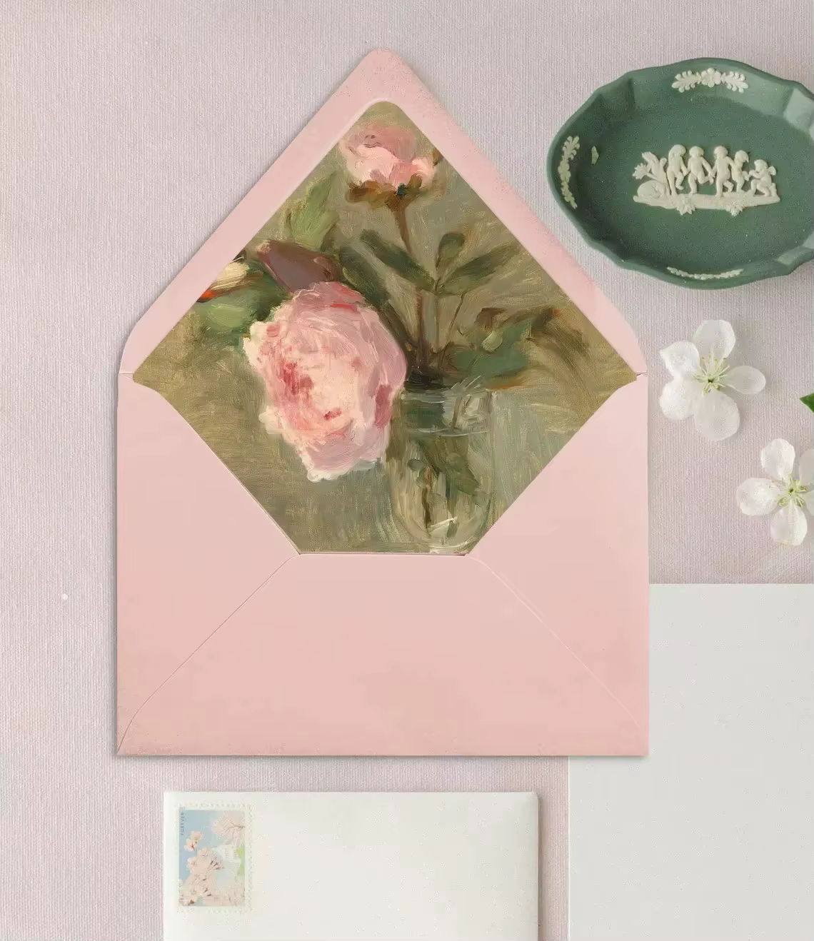 Luxury Dusty Rose Pink Wedding Invitation Envelope Impressionist Peony Floral Watercolor Liner Stamp Custom Printing