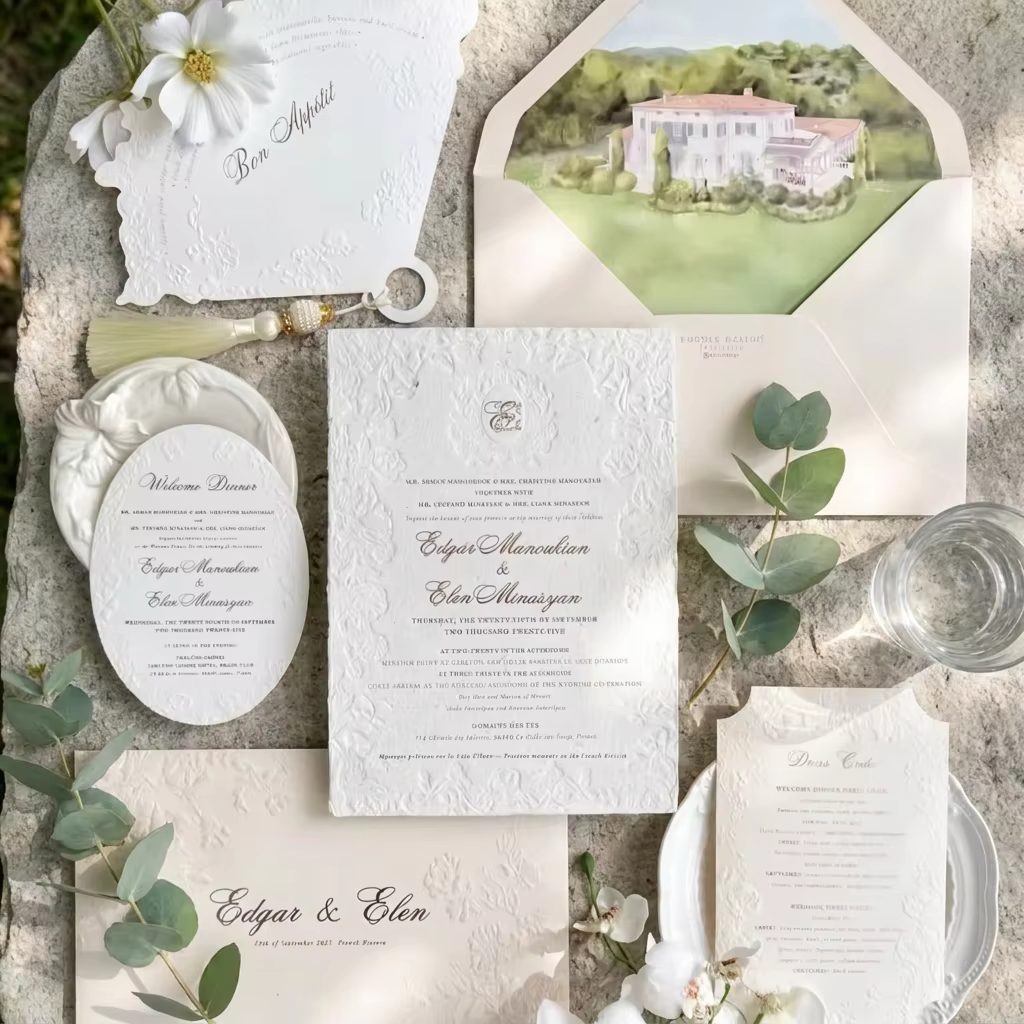 3D Heavy Embossed Luxury Fine Art Floral Relief Wedding Invitation Set Bespoke Landscape Envelope Liner Ornate Die Cut Card