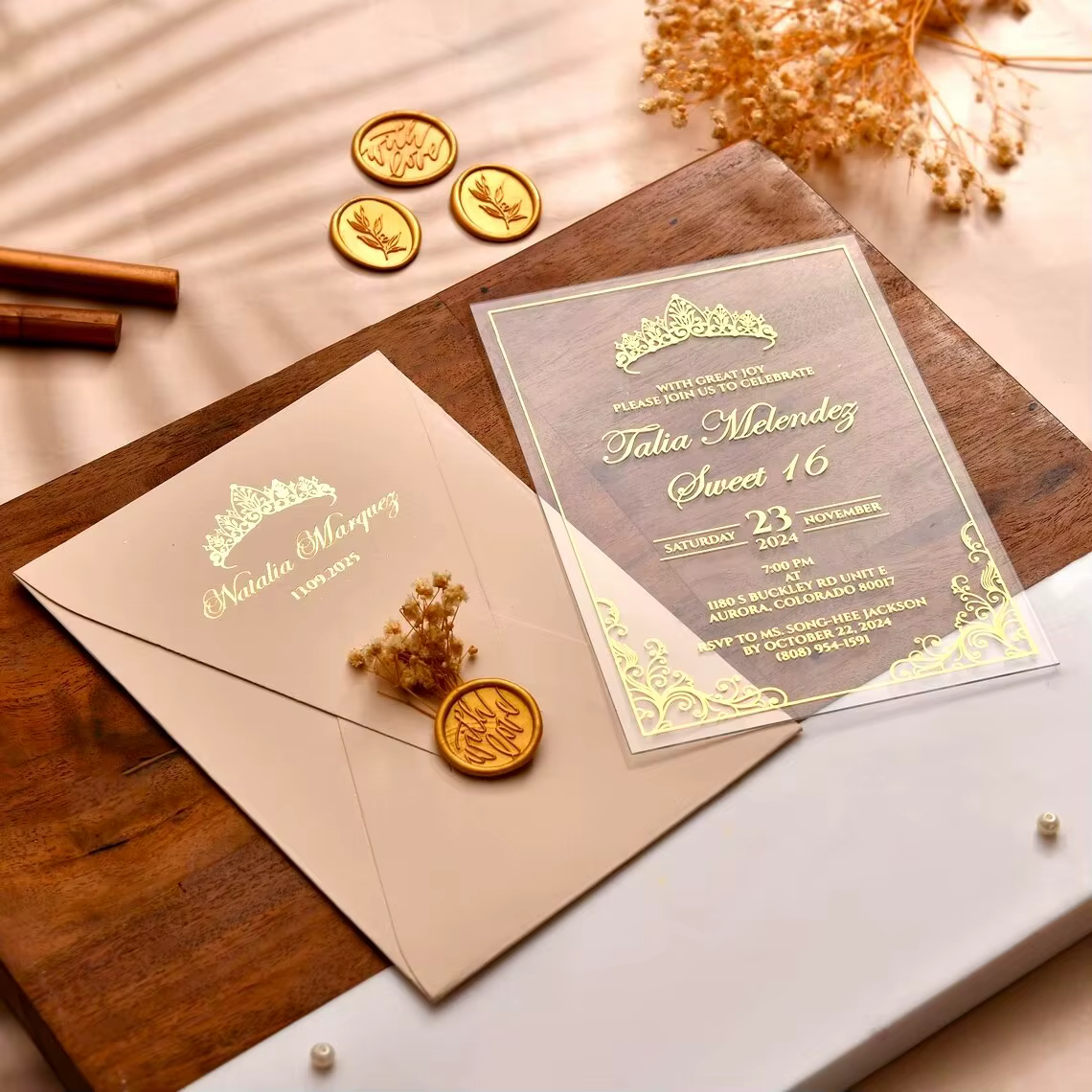 Luxury Clear Acrylic Gold Foil Tiara Sweet 16 Invitation Blush Envelope Wax Seal Custom Printing