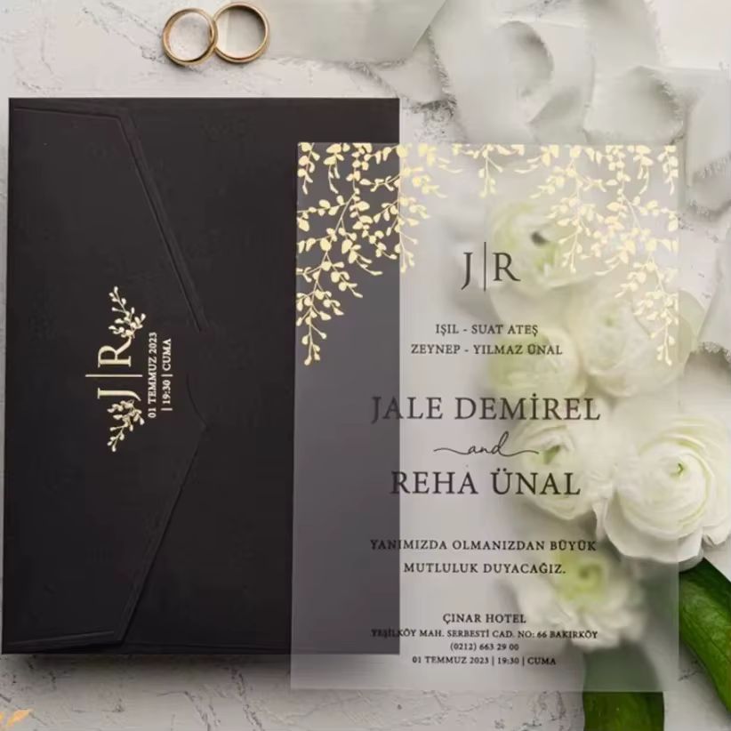 Luxury Black Matte Gold Foil Frosted Acrylic Turkish Wedding Invitation JR Monogram Envelope Vine Leaf Floral Custom Printing