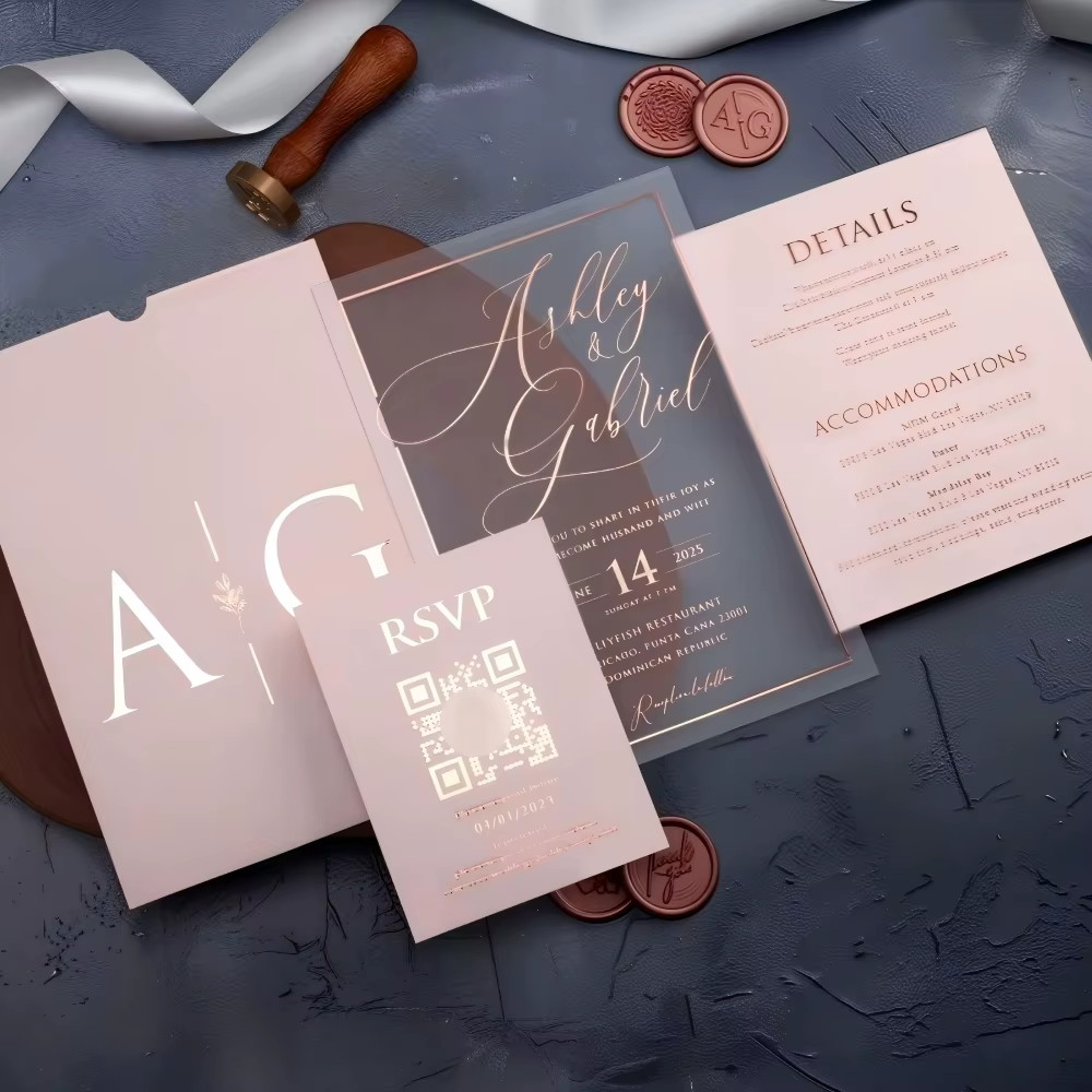 Luxury Rose Gold Acrylic Wedding Invitation Set With QR Code RSVP Card Dusty Rose Envelope Premium Wax Seal Invitation Suite