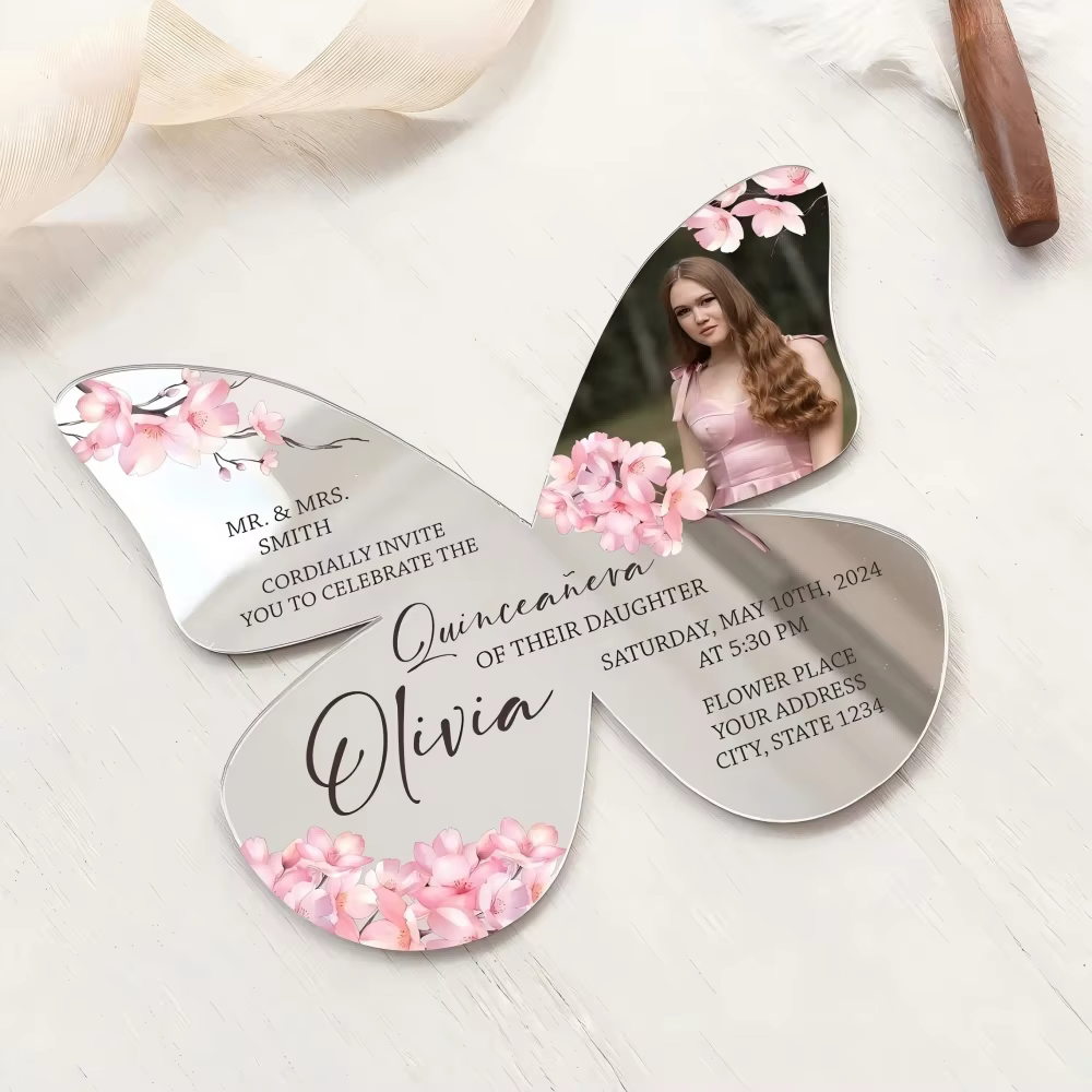 Rose Gold Butterfly Shaped Acrylic Quinceanera Invitation Mirror Silver Mis XV Anos Butterfly Invite With Personalized Photo