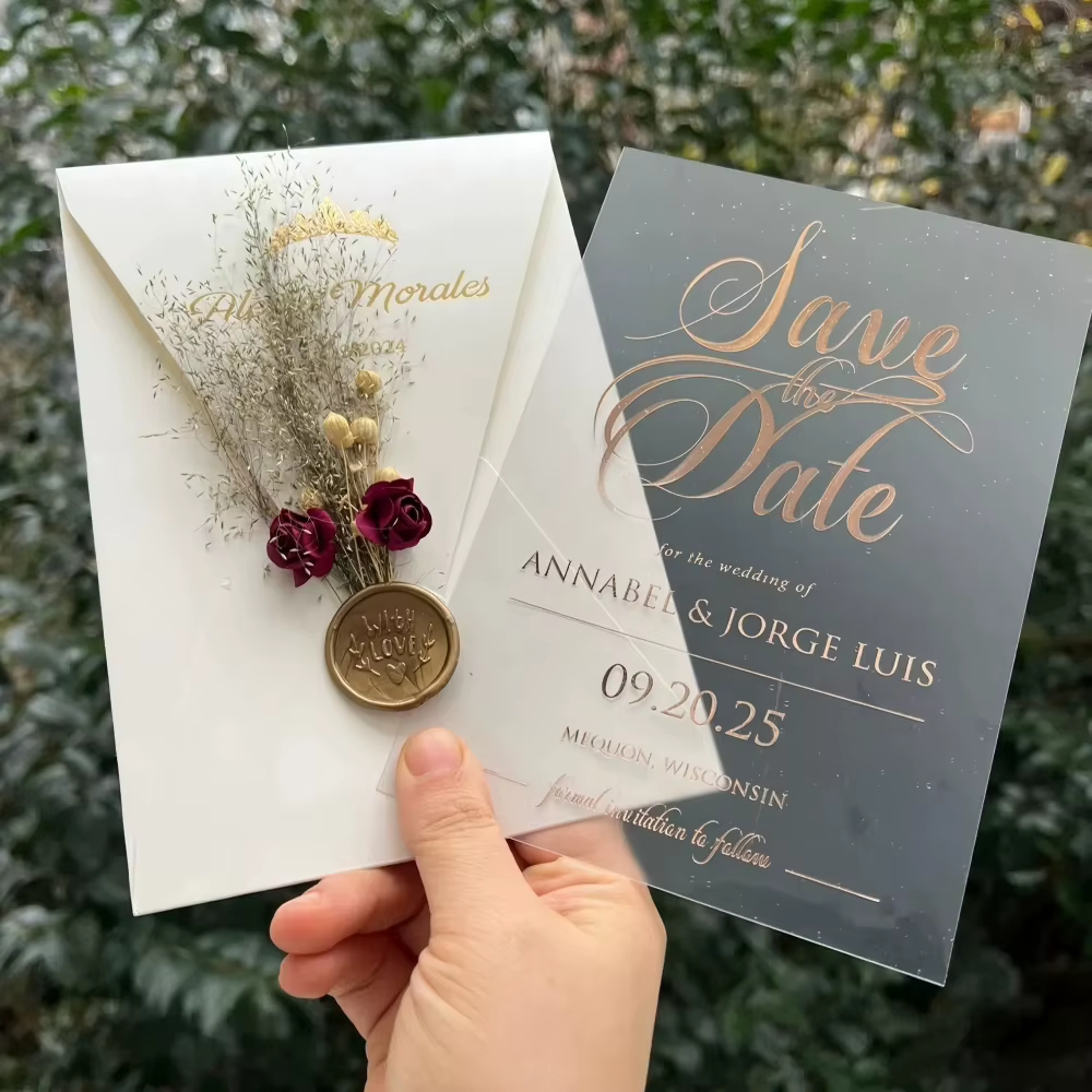 Luxe Frosted Acrylic Save the Date Cards with Dried Flower and Wax Seal Vellum Envelope Set for Elegant Boho Wedding Stationery