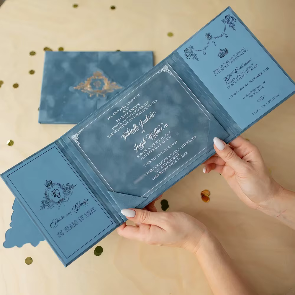 Luxury Dusty Blue Velvet Folio Acrylic Wedding Invitation Hardcover Tri Fold Style for Romantic Summer Evening Celebration