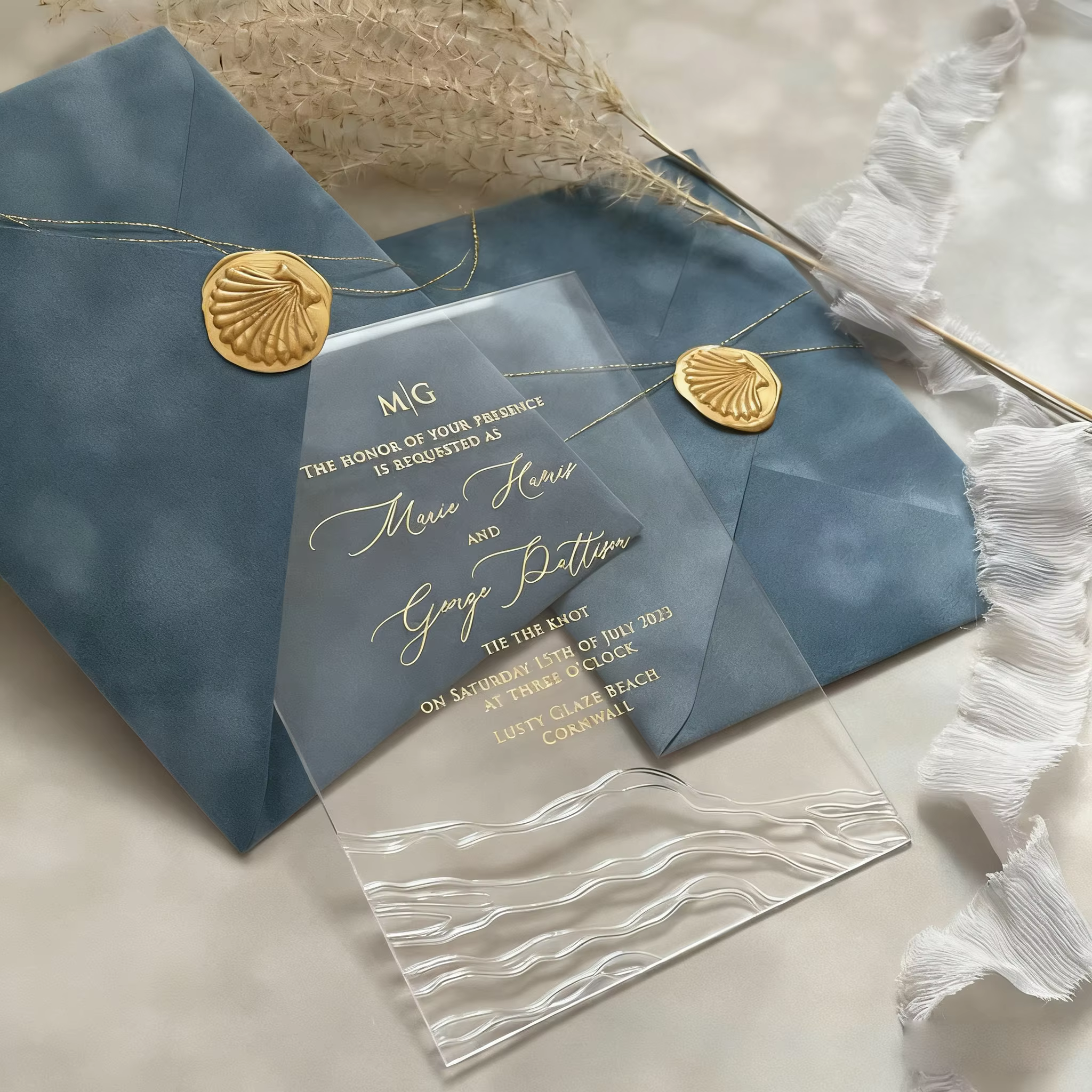 Coastal Ocean Theme Acrylic Wedding Invitation Card With 3D Wave Texture Serene Dusty Blue Velvet Envelope Shell Wax Seal