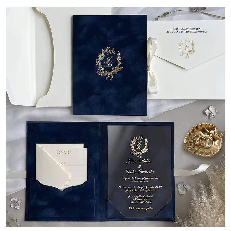 Luxury Navy Blue Velvet Hardcover Folio Wedding Invitation Set Personalized Gold Foil Embossed Acrylic Invite Suite WithEnvelope