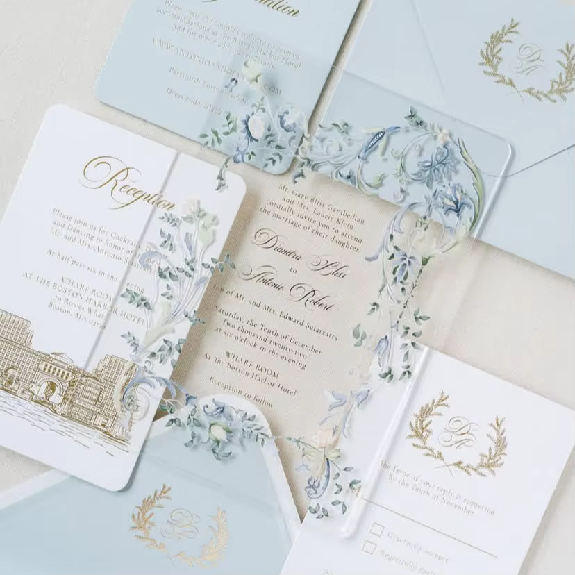 Luxury Light Blue Gold Foil Floral Wedding Invitation Suite Reception RSVP Accommodation Vellum Custom Printing