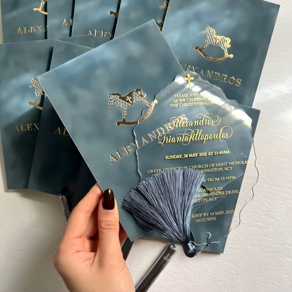 Luxury Rocking Horse Acrylic Baptism Invitation With Silky Tassel Scalloped Edge Christening Invite for Royal Baby Shower