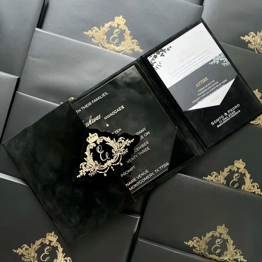Luxury Black Velvet Wedding Invitation With Precision Laser Cut Monogram Crest Gold Foil Pocket Folio Formal Stationery Suite