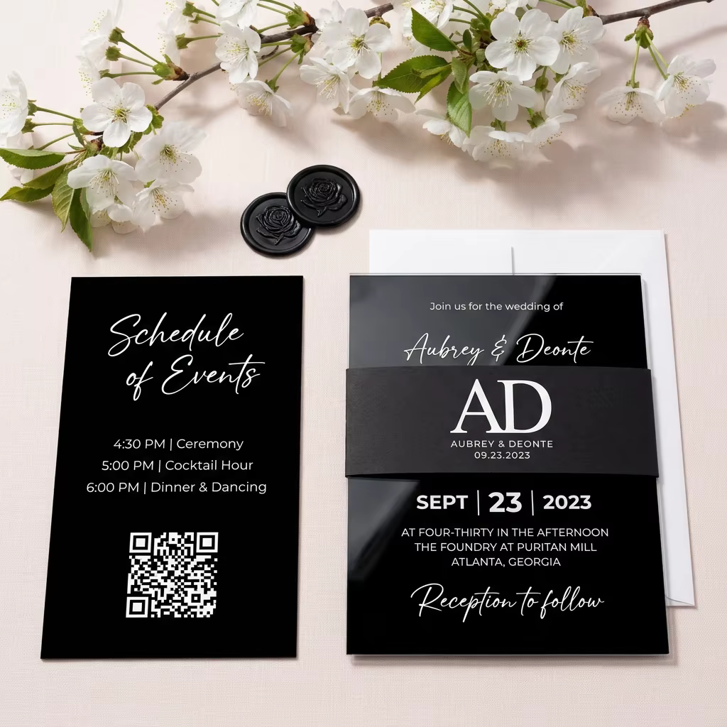 Luxury Clear Acrylic Wedding Invitation Set Personalized White Print RSVP Suite With Modern Black Belly Band Jacket