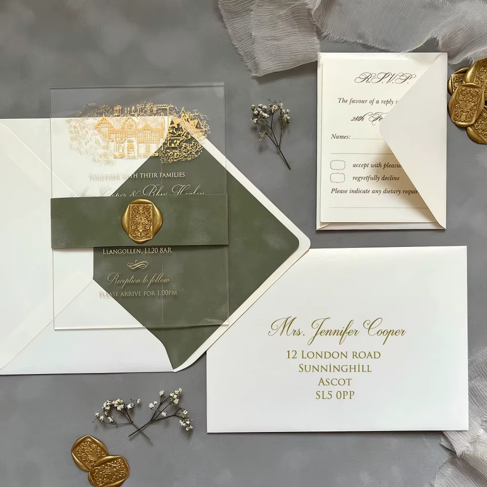 Luxury Sage Green Acrylic Wedding Invitation Set With Gold Foil Printing Personalised Clear Invite Suite Plus Wax Seal RSVP