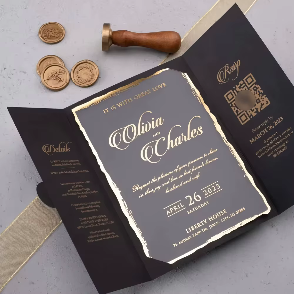 Luxury Black Matte Gold Frosted Deckled Edge Wedding Invitation Tri Fold Vellum Insert QR RSVP Wax Seal Custom Printing
