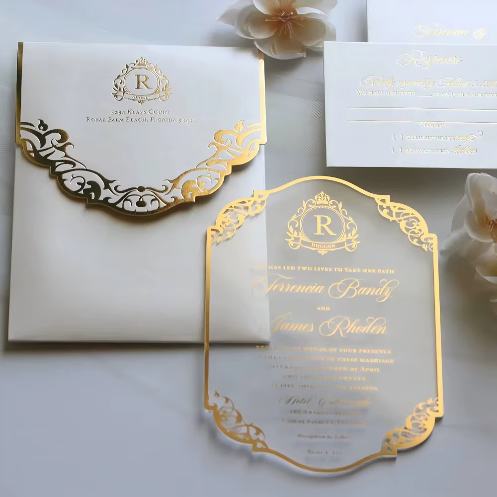 Royal Frosted Acrylic Wedding Invitation With Ornate Die Cut Baroque Style Custom Monogram Crest Gold Foil Stationery Suite