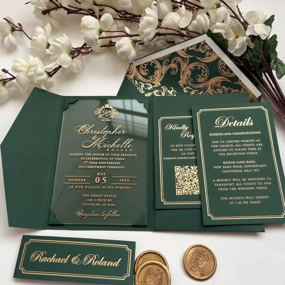 Customized Hunter Green Acrylic Wedding Invitation Set Featuring Elegant Patterned Envelope Liner Plus QR Code RSVP Card