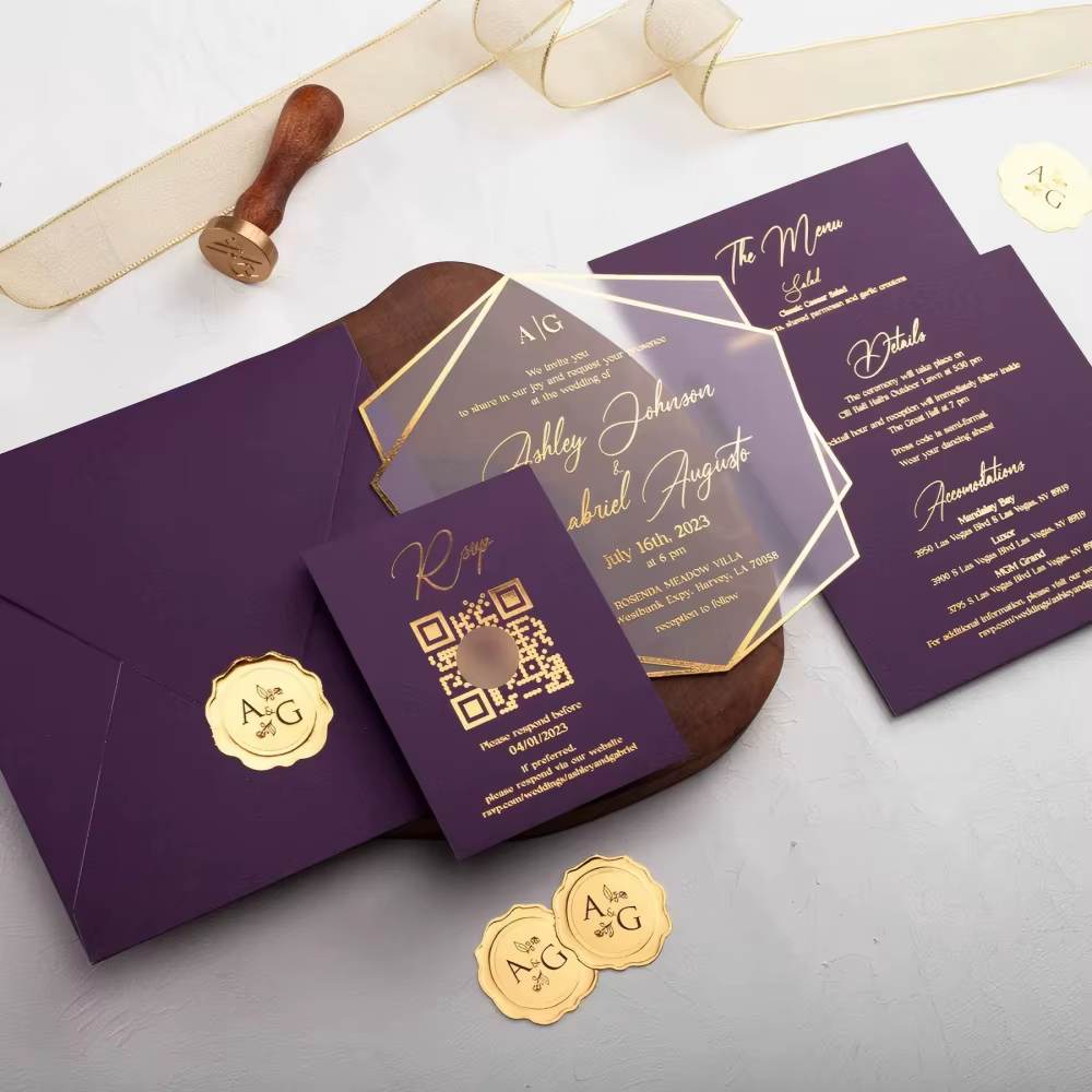 Hexagon Acrylic Wedding Invitation Suite With QR Code RSVP Modern Plum Purple and Gold Foil Frosted Hexagonal Invite Set
