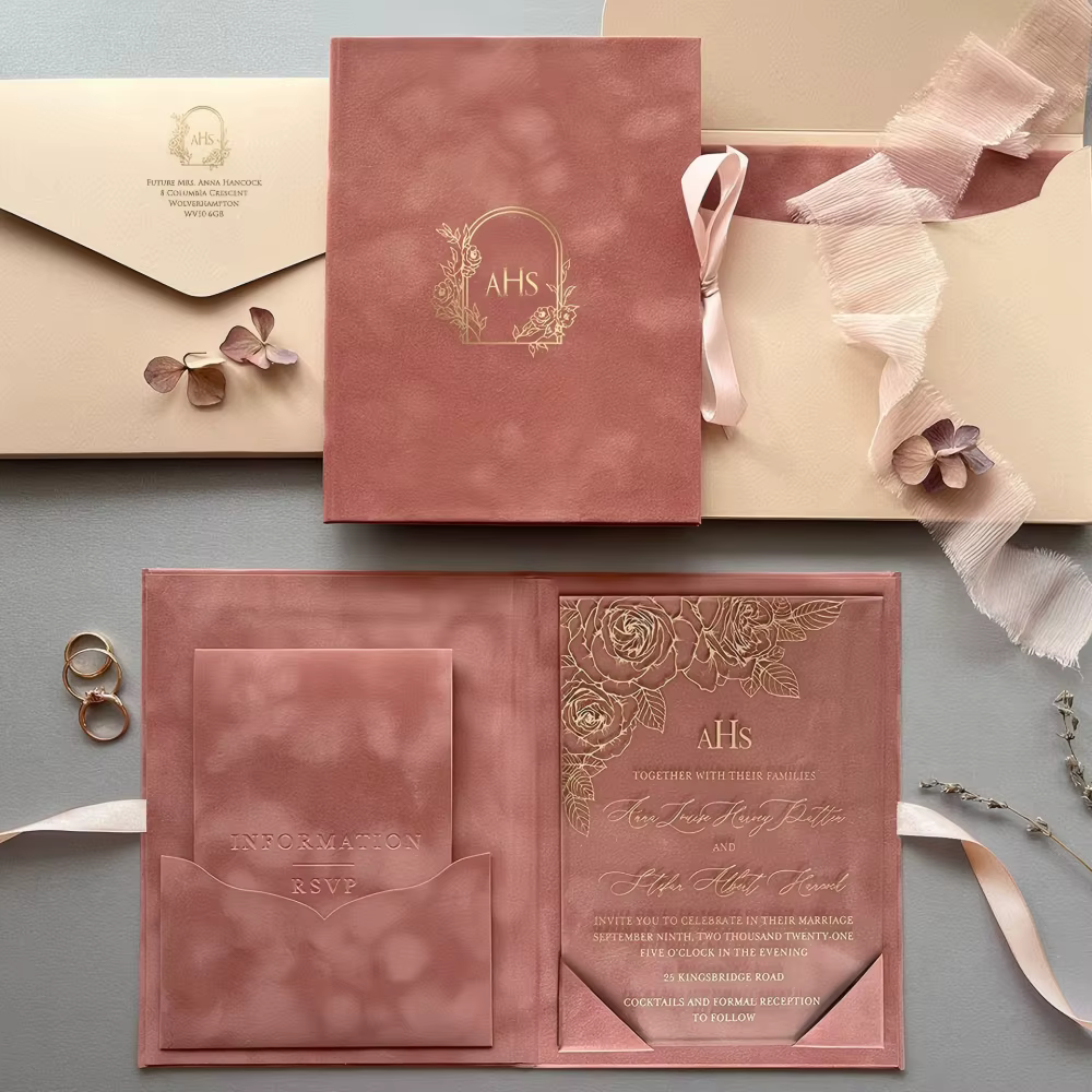 Dusty Rose Velvet Wedding Invitation With Engraved Acrylic Insert Luxury Terracotta Folio for Boho Desert Chic Romance Suite