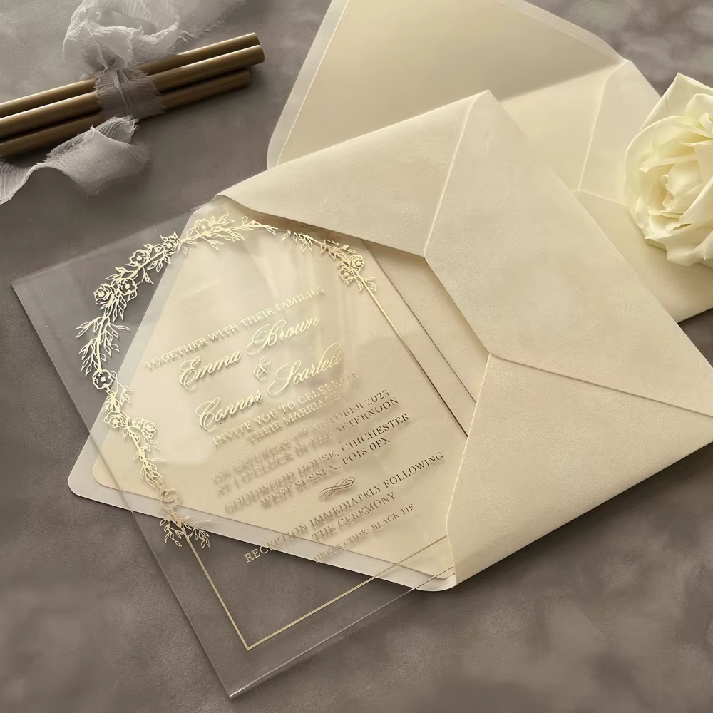 Luxury Champagne Transparent Invitation Cards With Gold Foil Floral Arch Premium Ivory Wedding Greeting Card Suite Box