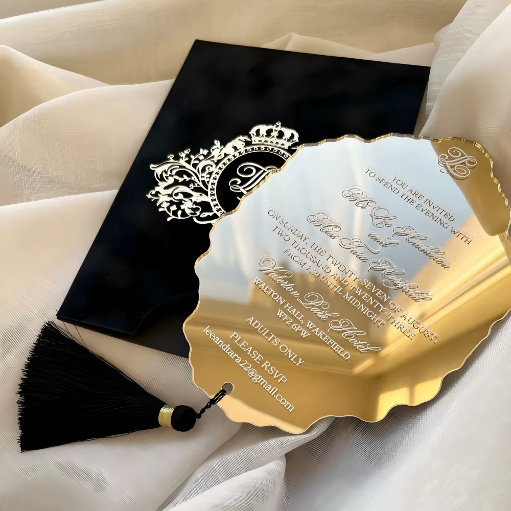 Luxury Gold Mirror Acrylic Wedding Invitation Card With Black Silk Tassel Premium Velvet Envelope Scalloped Edge Invite