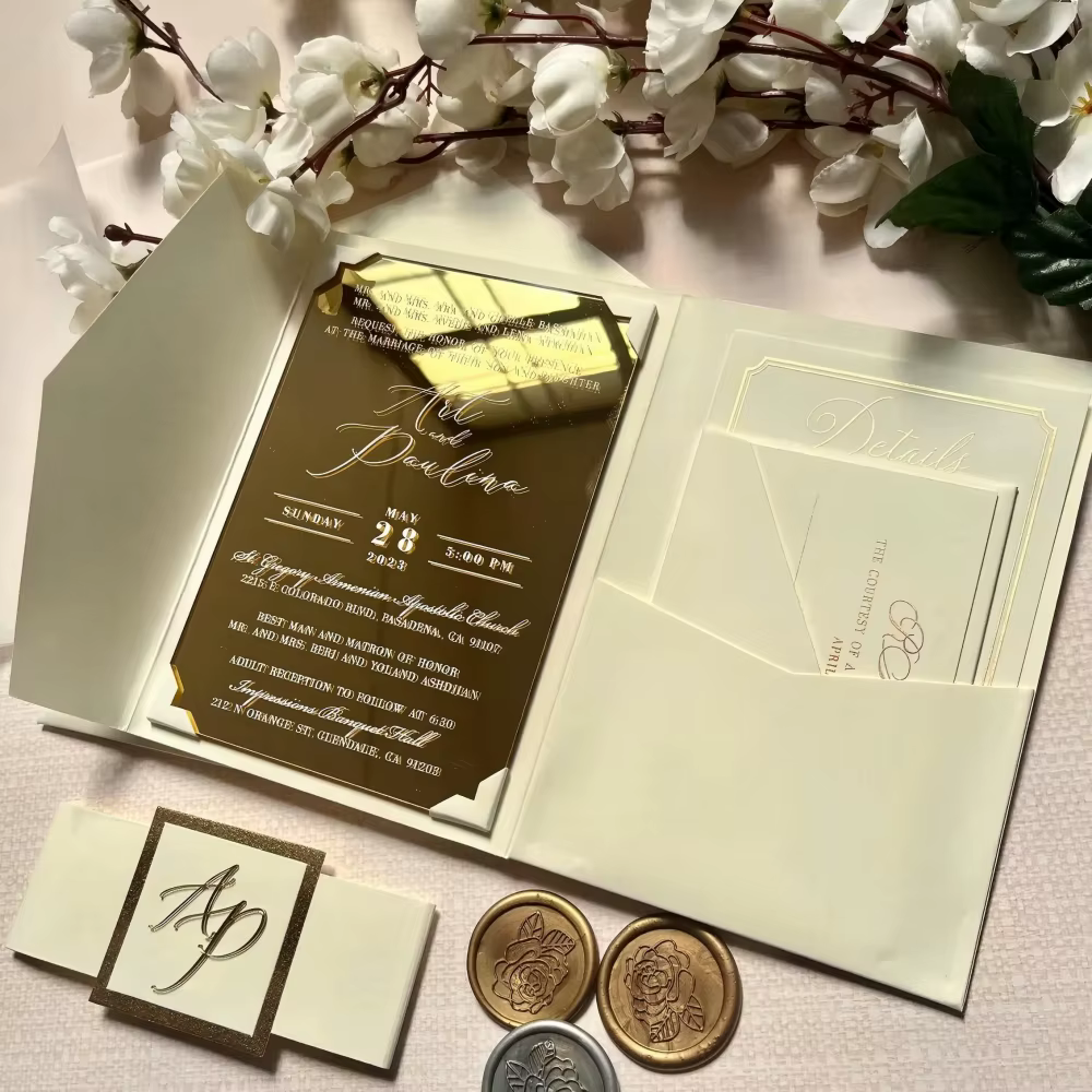Premium Bespoke Gold Mirror Acrylic Wedding Invitation Suite High End Ivory Tri Fold Folder With Details Card and RSVP Kit
