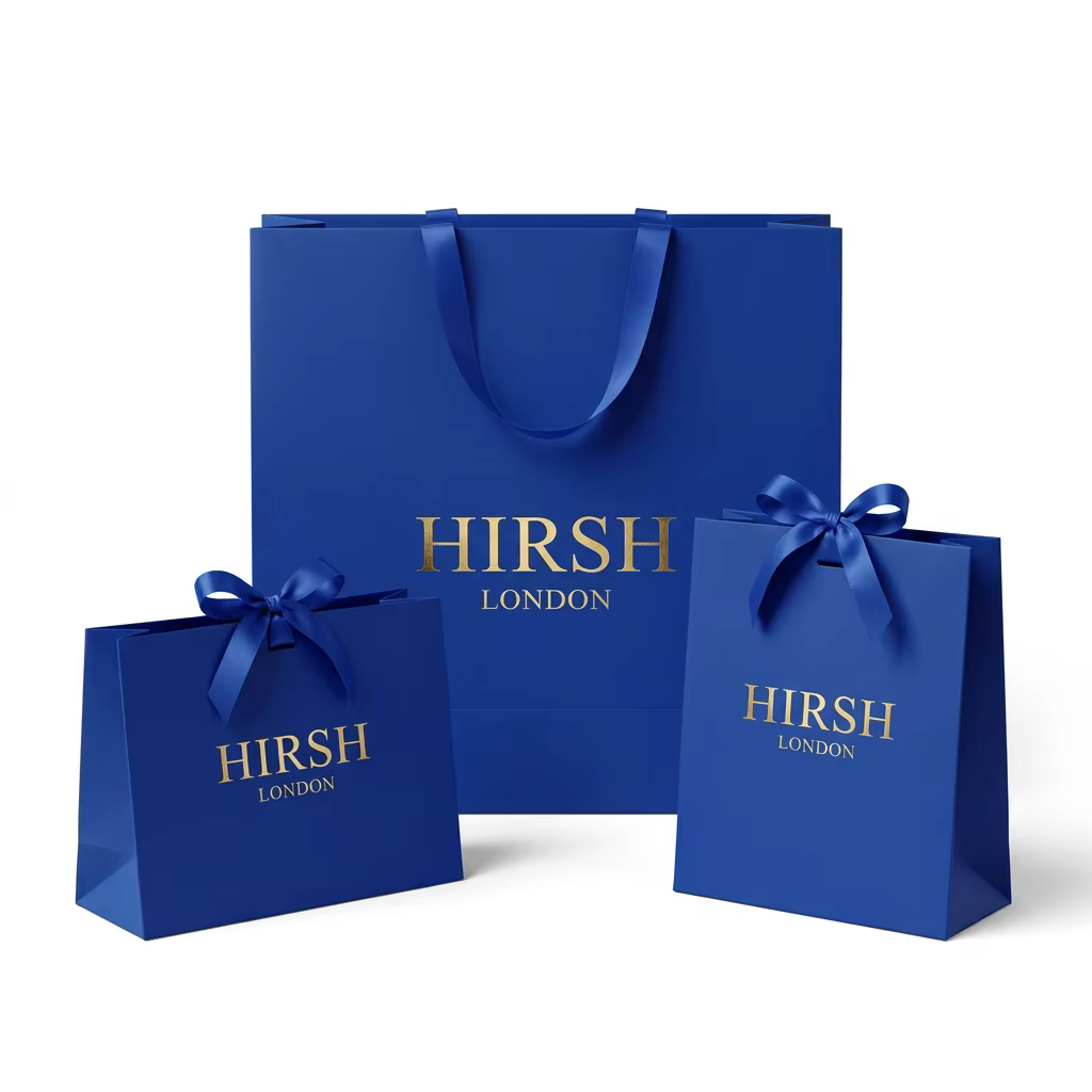 Premium Electric Blue Jewelry Gift Bag High End Gold Foil Stamped Paper Bag With Satin Ribbon Bow for Luxury Boutique Store
