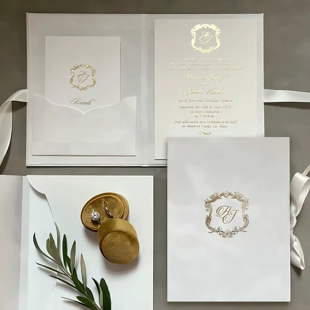 Luxury White Gold Foil Irish Castle Wedding Invitation Folio Monogram Crest Ribbon Details Pocket Custom Printing