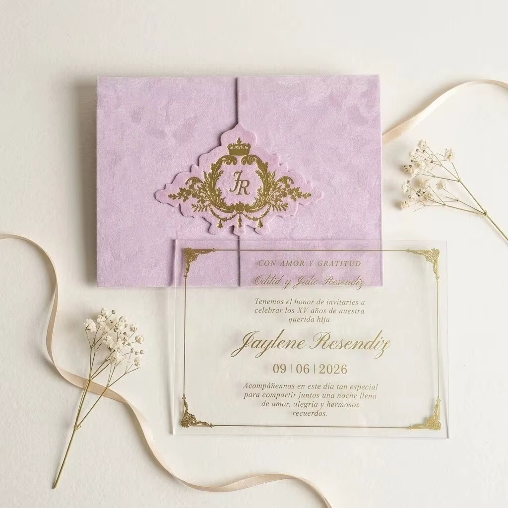 Luxury Lavender Purple Acrylic Gold Foil Quinceanera Fifteen Invitation Gatefold Folder Crown Crest Ribbon Custom Printing