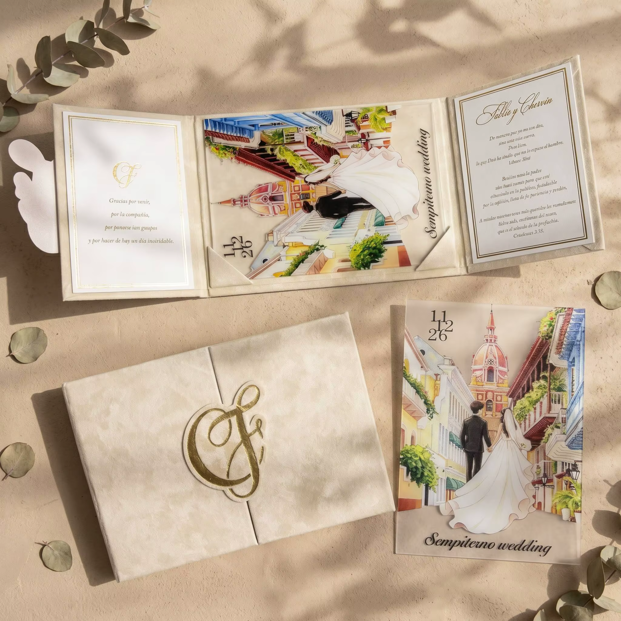 Luxury Cream Gold Foil Cartagena Watercolor Suede Wedding Invitation Tri Fold Pocket Vellum Illustrated Custom Printing