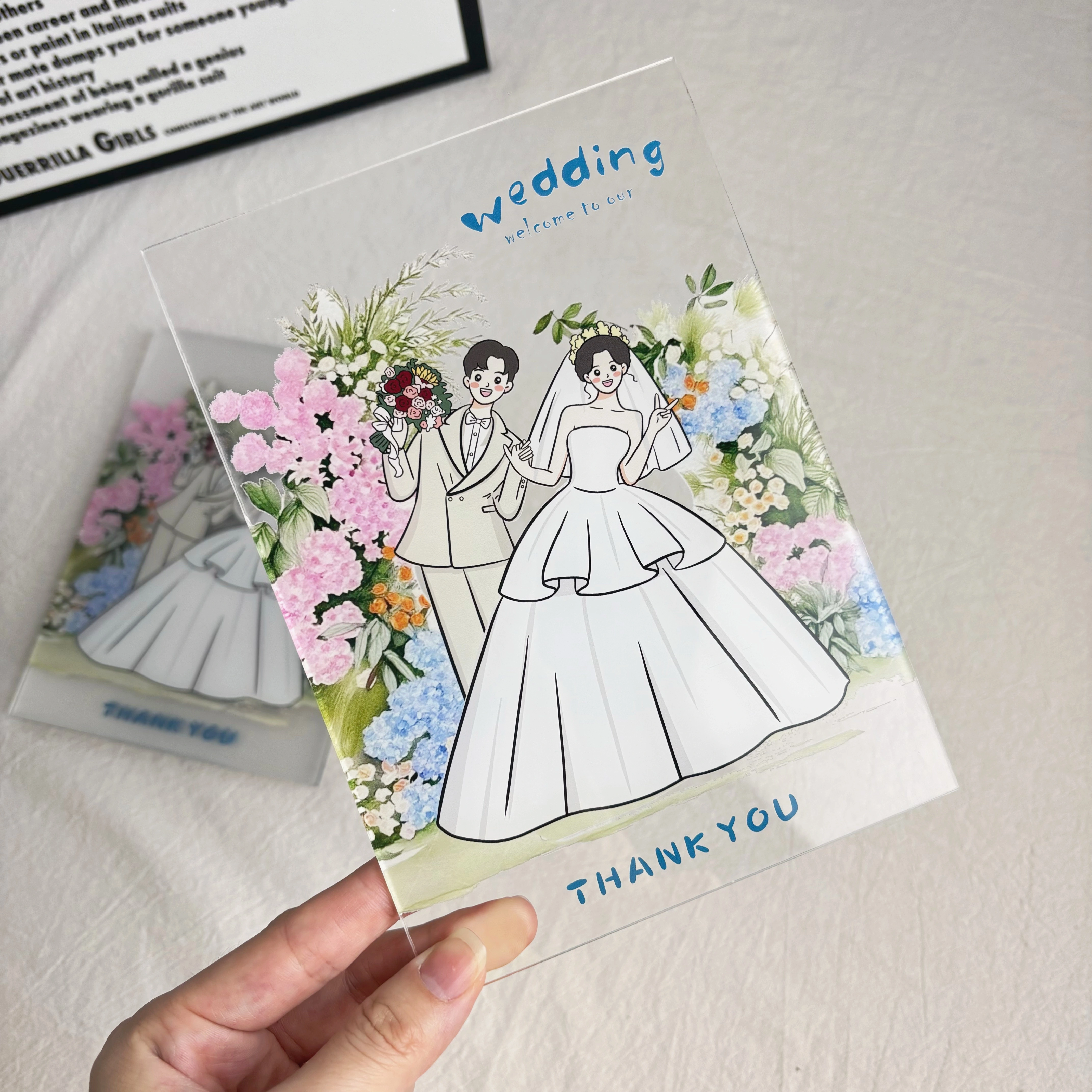 Luxury Clear Acrylic Wedding Welcome Thank You Sign Custom Illustrated Cartoon Couple Floral Hydrangea Custom Printing