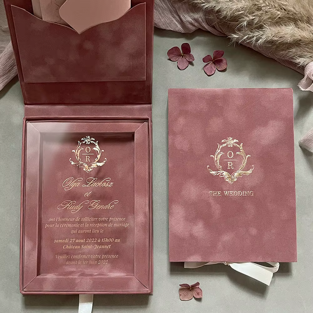 Luxury Dusty Rose Mauve Velvet Acrylic Gold Foil Wedding Invitation Box Set Monogram Folder French Custom Printing