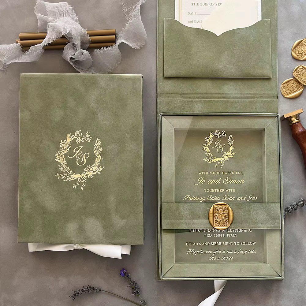 Luxury Sage Green Velvet Wedding Invitation Box Acrylic Gold Foil Wreath Custom Wax Seal Elegant Engagement Gala Party