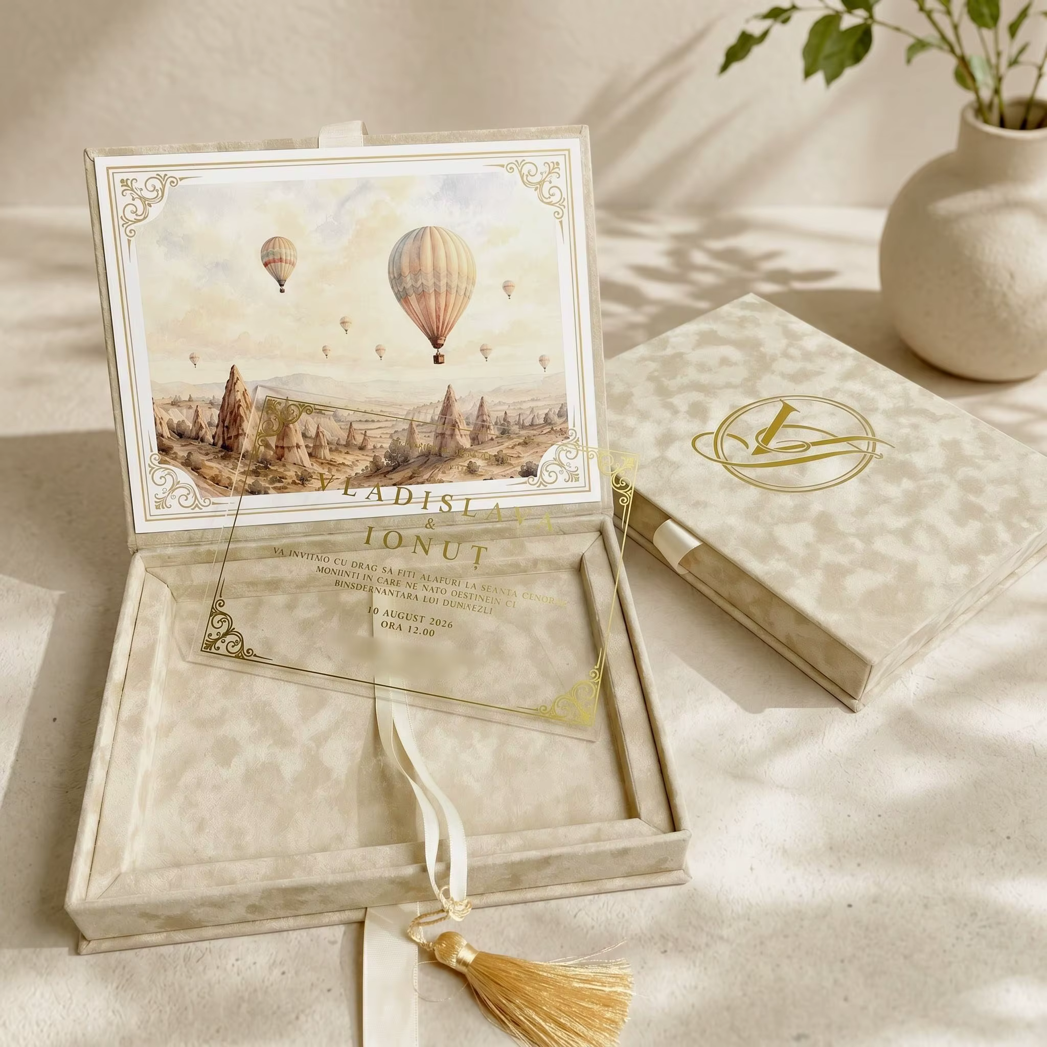 Luxury Cream Velvet Acrylic Gold Foil Wedding Invitation Box Set Hot Air Balloon Ribbon Tassel Custom Printing