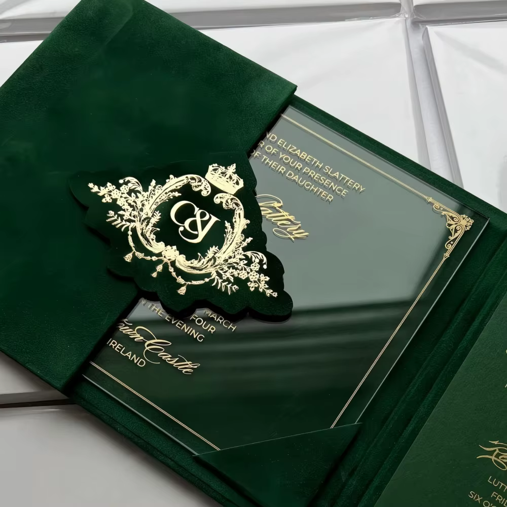 Luxury Emerald Green Velvet Folio Wedding Invitation With Gold Foil Monogram Crest Hardcover Acrylic Invite Suite for Royal Even
