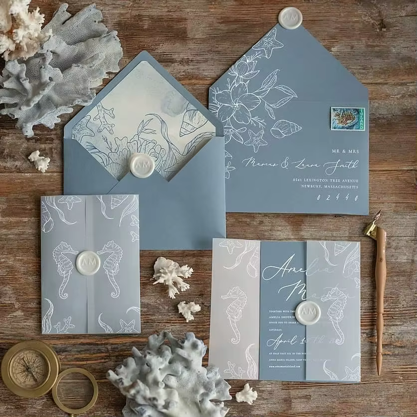 Luxury Dusty Blue Nautical Beach Vellum Wedding Invitation Suite Seahorse Starfish Coral Shell Liner Wax Seal Custom Printing