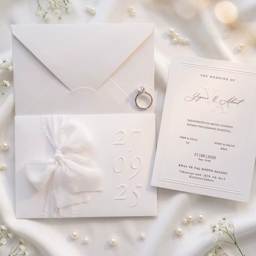 Luxury White Monogram Embossed Textured Cotton Paper Wedding Invitation Card Chiffon Bow Sleeve Double Border Custom Printing