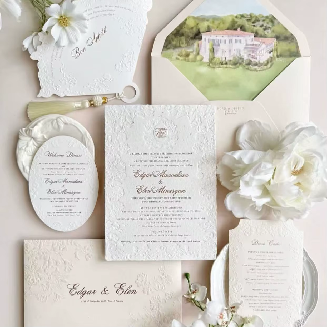 Floral Embossed Suite Luxury Tassel Decor Cream White Wedding Stationery Letterpress Custom Logo Hand Painted Estate Card Set
