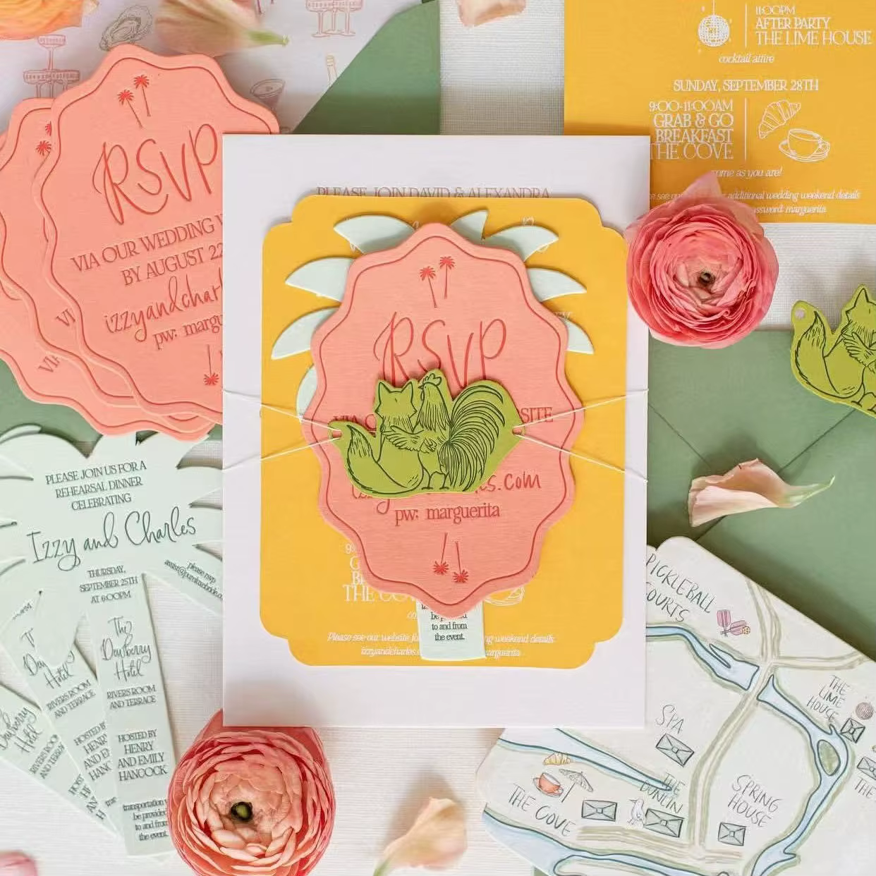 Luxury Pink Yellow Green Tropical Textured Cotton Paper Wedding Invitation Suite Palm Leaf Die Cut Map RSVP Custom Printing