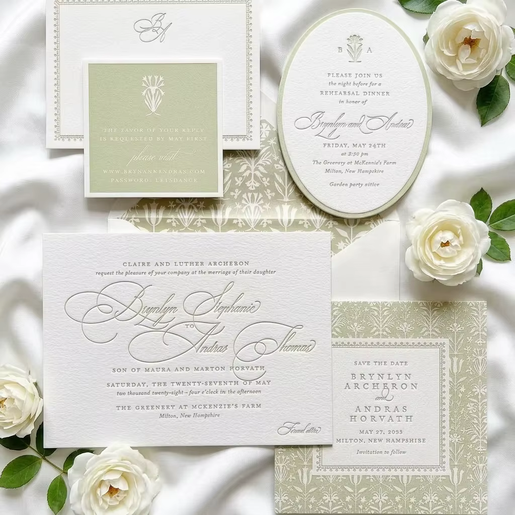 Luxury Sage Green White Botanical Letterpress Textured Cotton Paper Wedding Invitation Suite Save Date RSVP Custom Printing