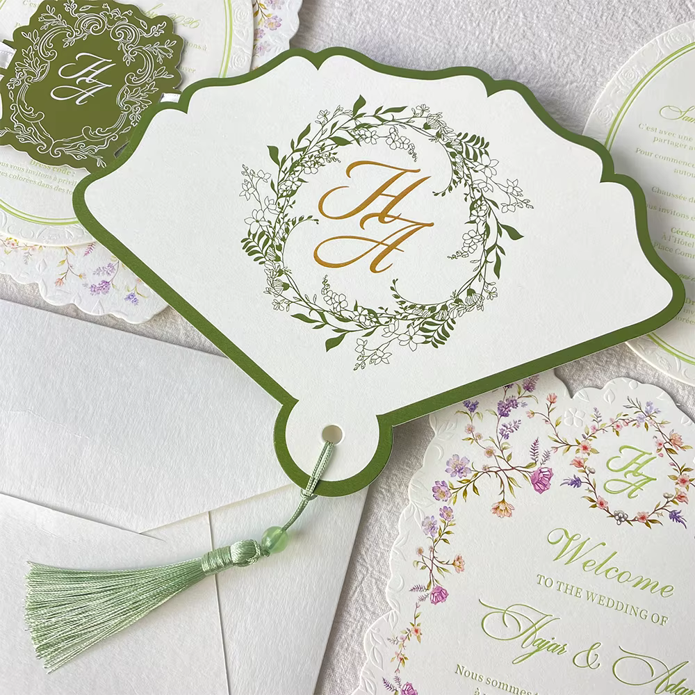 Luxury White Olive Green Botanical Gold Textured Paper Wedding Invitation Suite Fan Tassel Laser Cut Foil Custom Printing