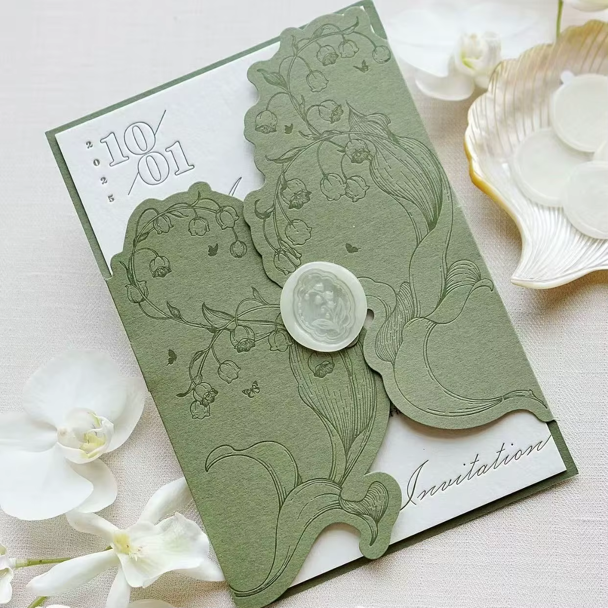 Luxury Sage Green Lily of the Valley Wedding Invitation Card Laser Cut Gatefold Pocket Timeline Itinerary for Garden Ceremony
