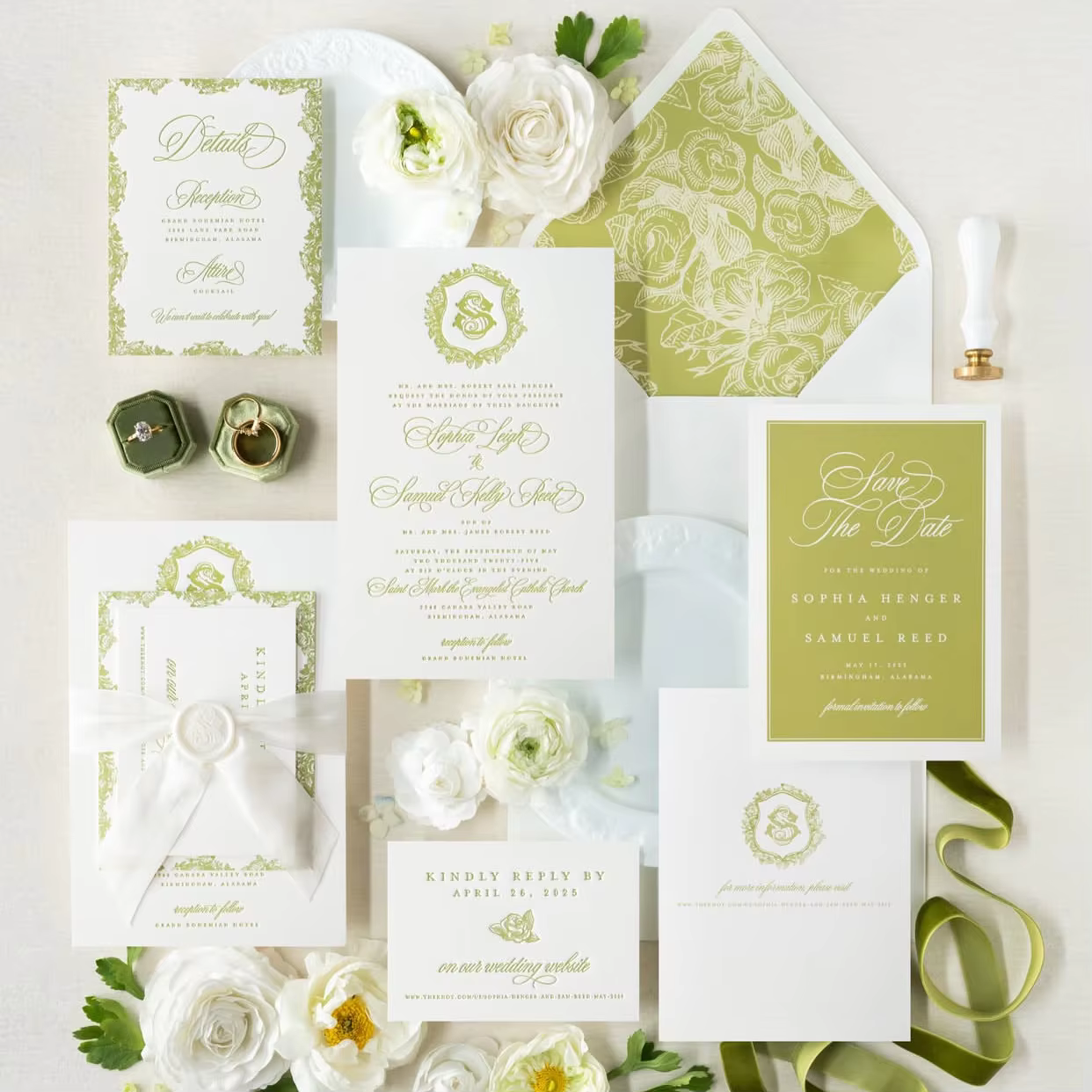Luxury Sage Green White Floral Textured Cotton Paper Wedding Invitation Suite Organza Ribbon Wax Seal Envelope Custom Printing