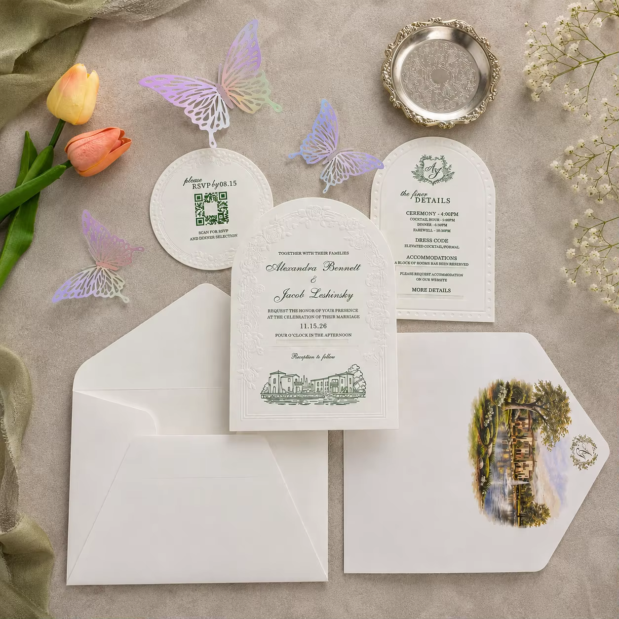 Luxury Wedding Invitation Suite 600gsm Cotton Paper Blind Embossed Arch Shape Laser Cut Butterfly Elegant Stationery Set